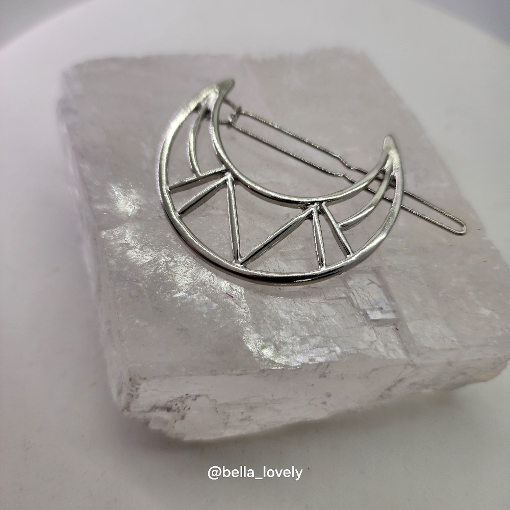 Silver Crescent Moon Geometric Hair Pin Barrette Clip Silver Toned